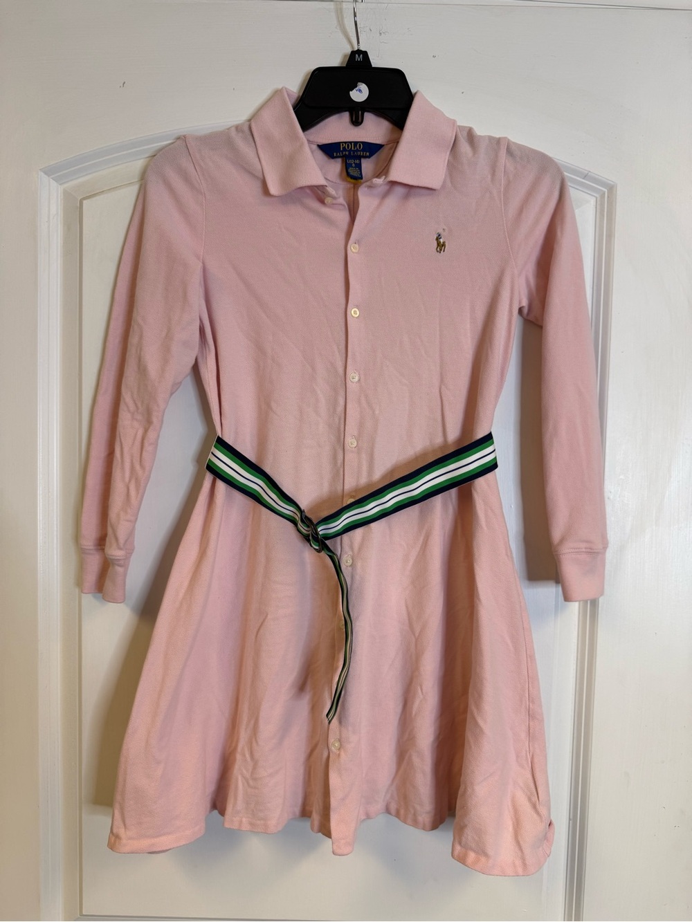 Polo Ralph Lauren Girls L 12/14 Pink Belted Polo Shirtdress Long Sleeve